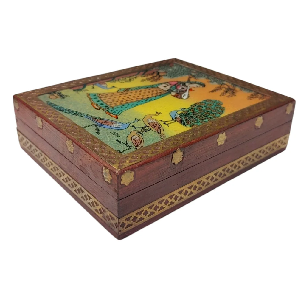 Vintage Indian Wooden Trinket Jewelry Box with Reverse Glass Painting Lid